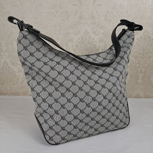 Lauren Ralph Lauren Logo Print Canvas Shoulder Bag Gray with Black Trim 1 Strap - Picture 1 of 16